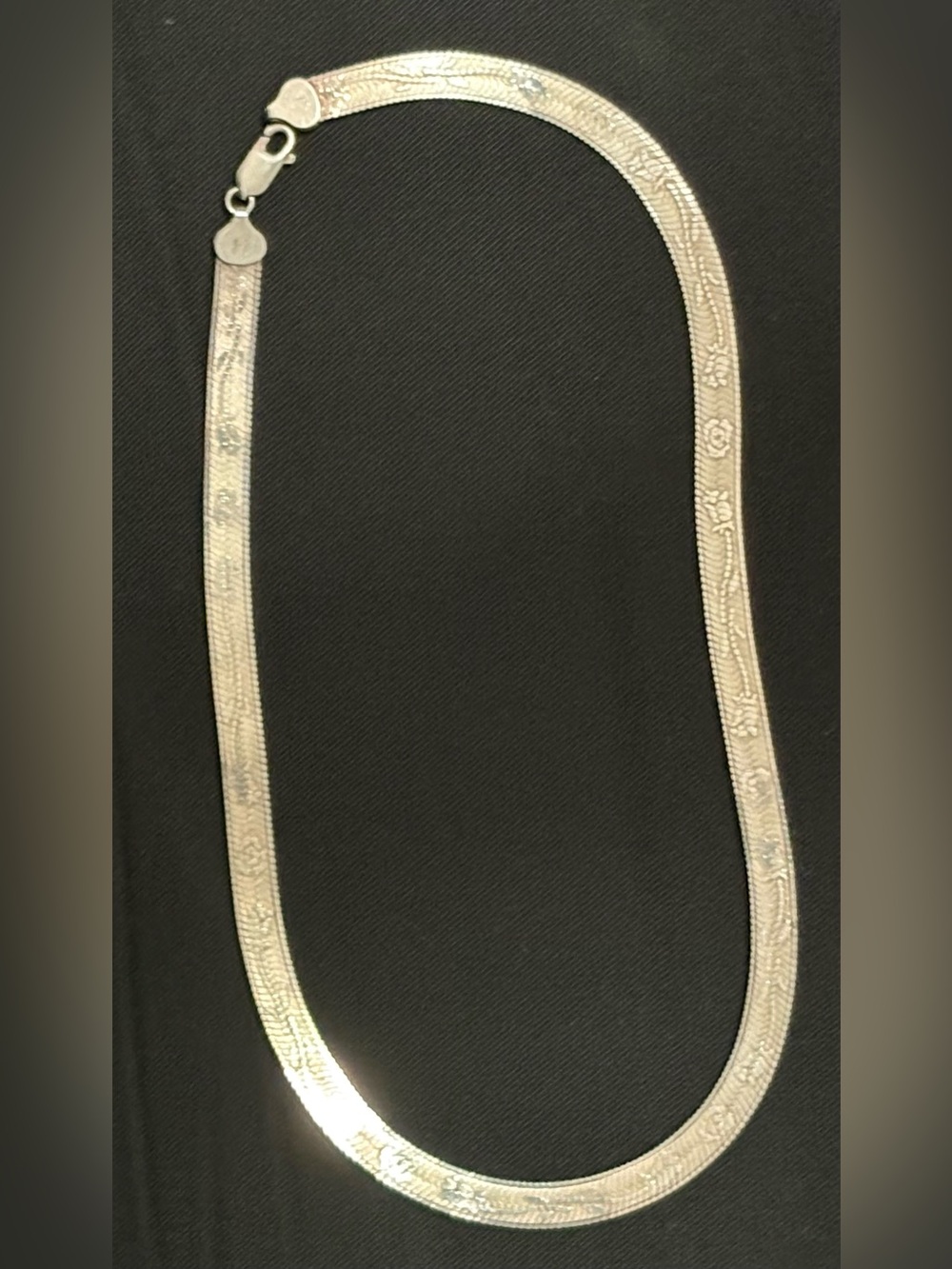 Vintage Milor Italy 925 Sterling Silver Etched Rose Floral Herringbone Necklace